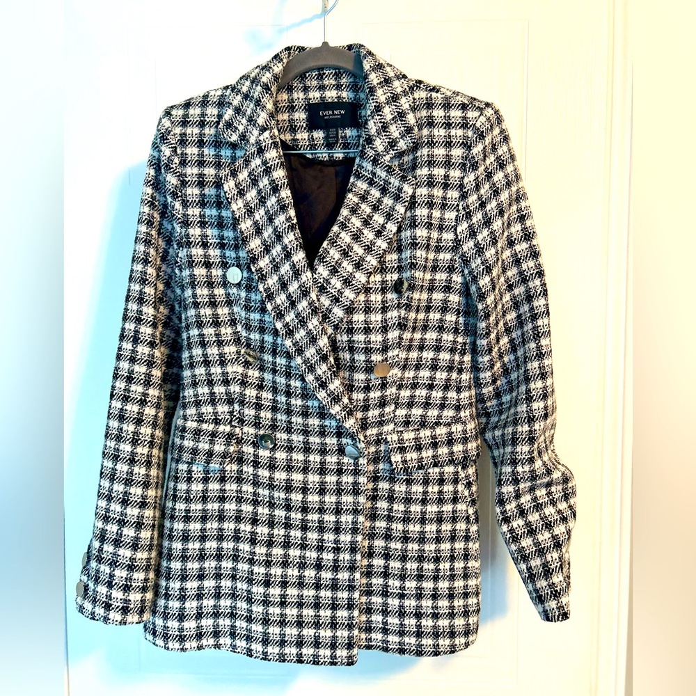 EverNew Melinda Blazer in black and white tweed with chrome accents, size 4